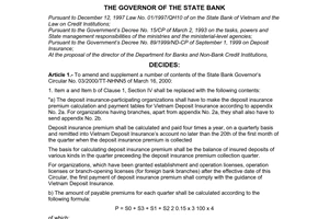 Decision No. 1077/2001/QD-NHNN of August 27, 2001, amending and supplementing a number of contents of The State Bank’s Circular No. 03/2000/TT-NHNN5 of March 16, 2000