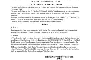 Decision No. 1078/2001/QD-NHNN of August 27, 2001, on the announcement of the base interest rate as a basis for the determination by credit institutions of the lending interest rate in Vietnam Dong for customers