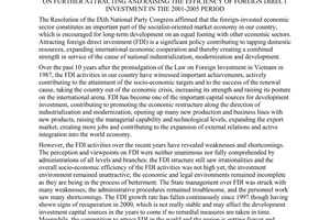 Resolution No. 09/2001/NQ-CP of August, 2001, on further attracting and raising the efficiency of foreign direct investment in the 2001-2005 period.