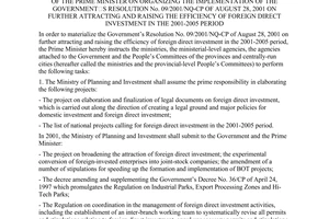 Dirrective No. 19/2001/CT-TTg of August 28, 2001, on organizing the implementation of The Government’s Resolution No. 09/2001/NQ-CP of August 28, 2001 on further attracting and raising the efficiency of foreign direct investment in the 2001-2005 period
