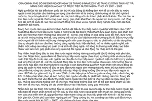Nghị quyết 09/2001/NQ-CP tăng cường thu hút và nâng cao hiệu quả đầu tư trực tiếp nước ngoài thời kỳ 2001-2005