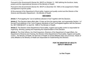 Decision No. 3742/2001/QD-BYT promulgating the “list of additives allowed to be