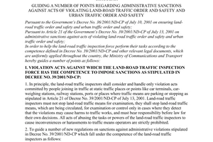 Circular No. 16/2001/TT-BGTVT of September 05, 2001, guiding a number of points regarding administrative sanctions against acts of violating land-road traffic order and safety and urban traffic order and safety.