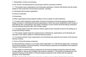 Circular No. 08/2001/TT-NHNN of September 06, 2001, guiding the implementation of The Government’s Decree No. 16/2001/ND-CP of May 2, 2001 on the Organization and Operation of Financial Leasing Companies.