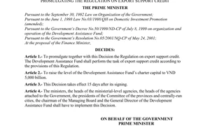 Decision No. 133/2001/QD-TTg of September 10, 2001, promulgating the regulation on export support credit.