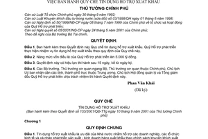 Quyết định 133/2001/QĐ-TTg quy chế tín dụng hỗ trợ xuất khẩu