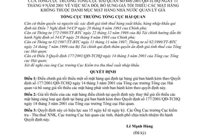 Quyết định 848/2001/QĐ-TCHQ sửa đổi giá tối thiểu mặt hàng không thuộc danh mục mặt hàng nhà nước quản lý giá