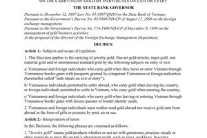 Decision No. 1165/2001/QD-NHNN of September 12, 2001, on the carrying of gold by individuals on exit or entry.