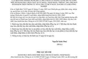 Thông tư 08/2001/TT-BCN sửa đổi Danh mục hoá chất xuất nhập khẩu thời kỳ 2001-2005 kèm theo Thông tư 01/2001/TT-BC
