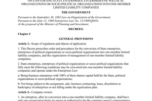 Decree No. 63/2001/ND-CP of September 14, 2001, on converting state enterprises, enterprises of political organizations or socio-political organizations into one-member limited liability companies.