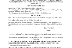 Quyết định 136/2001/QĐ-TTg phê duyệt Chương trình tổng thể cải cách hành chính nhà nước giai đoạn 2001-2010