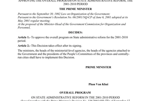 Decision No. 136/2001/QD-TTg of September 17, 2001,   approving the overall program on State Administrative Reform, the 2001-2010 period.