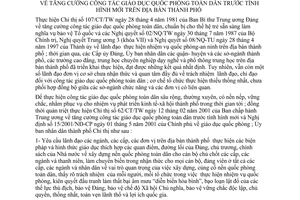 Chỉ thị 25/2001/CT-UB tăng cường công tác giáo dục quốc phòng toàn dân tình hình mới địa bàn Hồ Chí Minh