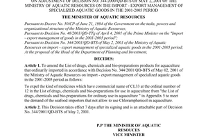 Decision No. 783/2001/QD-BTS of September 21, 2001, on adjustment of Decision No. 344/2000/QD-BTS of May 2, 2001 of The Ministry of Aquatic Resources on the import - export management of specialized aquatic goods in the 2001-2005 period.