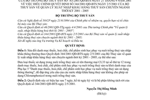 Quyết định 783/2001/QĐ-BTS quản lý xuất nhập khẩu hàng thuỷ sản chuyên ngành thời kỳ 2001-2005 điều chỉnh Quyết định  334/2001/QĐ-BTS