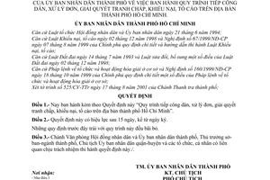 Quyết định 84/2001/QĐ-UB quy trình tiếp công dân, xử lý đơn, giải quyết tranh chấp, khiếu nại, tố cáo trên địa bàn thành phố Hồ Chí Minh