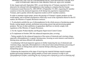 Dirrective No. 07/2001/CT-BTS of September 24, 2001, prohibiting the use of chloramphenicol and managing chemicals and veterinary drugs in the production of aquatic goods.