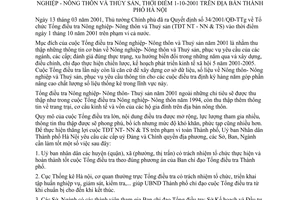 Chỉ thị 32/2001/CT-UB tăng cường lãnh đạo chỉ đạo cuộc Tổng điều tra Nông nghiệp - Nông thôn Thủy sản 1-10-2001 địa bàn Hà Nội