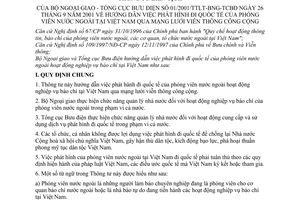 Thông tư 01/2001/TTLT-BNG-TCBĐ  hướng dẫn phát hình đi quốc tế phóng viên nước ngoài tại Việt Nam qua mạng lưới viễn thông công cộng