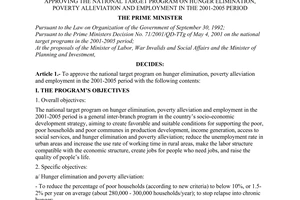 Decision No. 143/2001/QD-TTg of September 27, 2001, approving the national target program on hunger elimination, poverty alleviation and employment in the 2001-2005 period