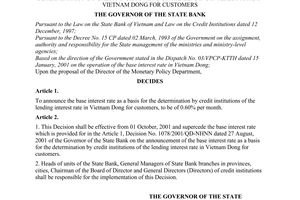 Decision No. 1247/2001/QD-NHNN of September 28, 2001, on the announcement of the base interest rate as a basis for the determination by credit institutions of the lending interest rate in Vietnam Dong for customers