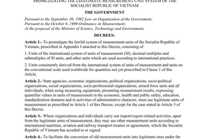 Decree no.  65/2001/ND-CP of September 28, 2001 promulgating the legitimate measurement unit system of the socialist republic of vietnam