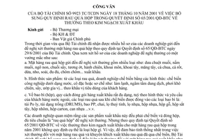 Công văn 9923/TC/TCDN bổ sung quy định rau quả hộp trong QĐ 05/2001/QĐ-BTC thưởng theo kim ngạch xuất khẩu