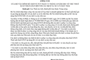 Công văn 10429/TC/TCT thuế suất thuế giá trị gia tăng các dịch vụ xử lý chất thải