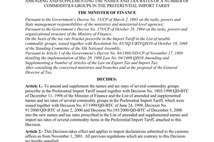 Decision no. 94/2001/QD-BTC of October 01, 2001 amending and supplementing the names and tax rates of a number of commodities groups in the preferential import tariff