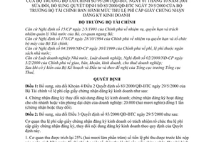 Quyết định 95/2001/QĐ-BTC thu lệ phí cấp giấy chứng nhận đăng ký kinh doanh sửa đổi Quyết định 83/2000/QĐ-BTC