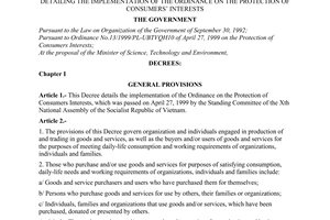 Decree no. 69/2001/ND-CP of October 02, 2001 detailing the implementation of the ordinance on the protection of consumers interests
