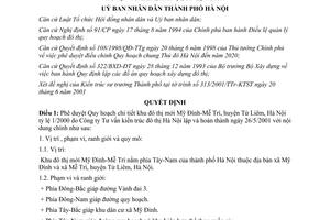 Quyết định 81/2001/QĐ-UB phê duyệt Quy hoạch chi tiết khu đô thị mới Mỹ Đình-Mễ Trì, huyện Từ Liêm, Hà Nội, tỷ lệ 1/2000