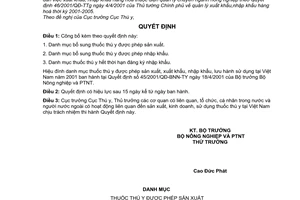 Quyết định 98/2001/QĐ-BNN Công bố bổ sung danh mục thuốc thú y được phép sản xuất, xuất nhập khẩu, lưu hành, sử dụng tại Việt Nam năm 2001