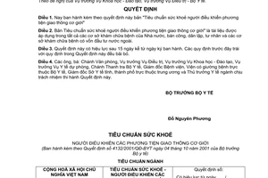 Quyết định 4132/2001/QĐ-BYT tiêu chuẩn sức khoẻ người điều khiển phương tiện giao thông cơ giới