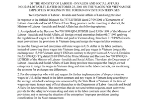 Official Dispatch No.3245/LDTBXH-TL On wages for Vietnamese laborers working