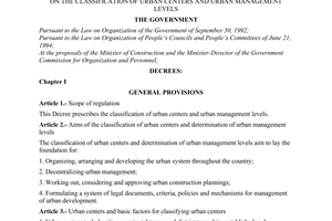 Decree no. 72/2001/ND-CP of October 05, 2001 on the classification of urban centers and urban management levels