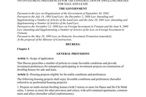 Decree no. 71/2001/ND-CP of October 05, 2001 on investment preferences for the construction of dwelling houses for sale and lease
