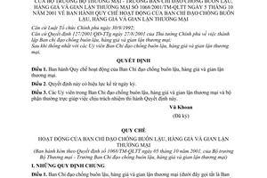 Quyết định 1068/2001/TM-QLTT Quy chế hoạt động  Ban chỉ đạo chống buôn lậu hàng giả gian lận thương mại