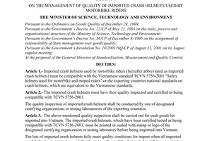 Decision no. 52/2001/QD-BKHCNMT of October 08, 2001 on the management of quality of imported crash helmets used by motorbike riders
