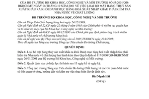 Quyết định 53/2001/QĐ-BKHCNMT loại bỏ mặt hàng thuỷ sản xuất khẩu ra khỏi danh mục hàng hoá xuất nhập khẩu phải kiểm tra Nhà nước về chất lượng