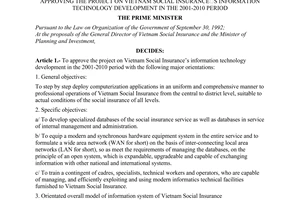 Decision no. 1358/QD-TTg of October 16, 2001 approving the project on vietnam social insurance's information technology development in the 2001-2010 period
