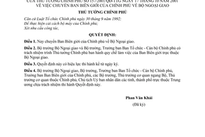 Quyết định 157/2001/QĐ-TTg chuyển Ban Biên giới của Chính phủ về Bộ Ngoại giao