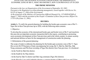 Decision no. 1369/QD-TTg of October 18, 2001 ratifying the general planning for building the border-gate economic zone of bo y, ngoc hoi district, kon tum province up to 2020