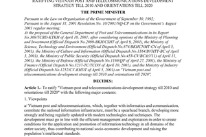 Decision no. 158/2001/QD-TTg of October 18, 2001 ratifying vietnam post and telecommunications development strategy till 2010 and orientations till 2020