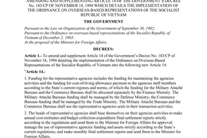 Decree no. 74/2001/ND-CP of October 19, 2001 amending and supplementing article 14 of the government's decree no. 183/CP of november 18, 1994 which details the implementation of the ordinance on overseas-based representations of the socialist republic of Vietnam