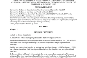 Decree no. 77/2001/ND-CP of October 22, 2001 detailing the marriage registration according to the national assembly's resolution no. 35/2000/QH10 on the implementation of the marriage and family law