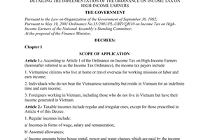 Decree no. 78/2001/ND-CP of October 23, 2001 detailing the implementation of the ordinance on income tax on high-income earners