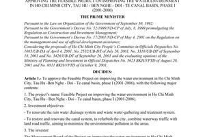Decision no. 1381/QD-TTg of October 24, 2001 approving the feasible project on improving the water environment in ho chi minh city, tau hu - ben nghe - doi - te canal basin, phase i (2001-2006)