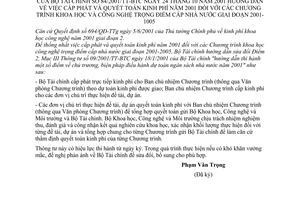 Thông tư 84/2001/TT-BTC hướng dẫn cấp phát và quyết toán kinh phí năm 2001 chương trình khoa học và công nghệ trọng điểm cấp nhà nước 2001-2005