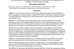 Decision no. 166/2001/QD-TTg of October 26, 2001 on a number of measures and policies to develop pig farming for export in the 2001-2010 period